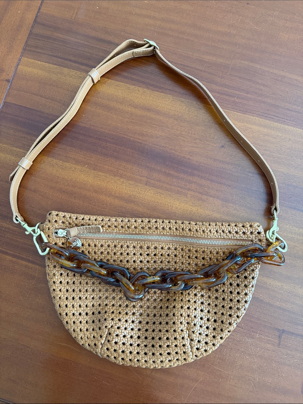 Clare V. Grande Fanny Tan Rattan with (removeable) Tortoiseshell Chain Strap
